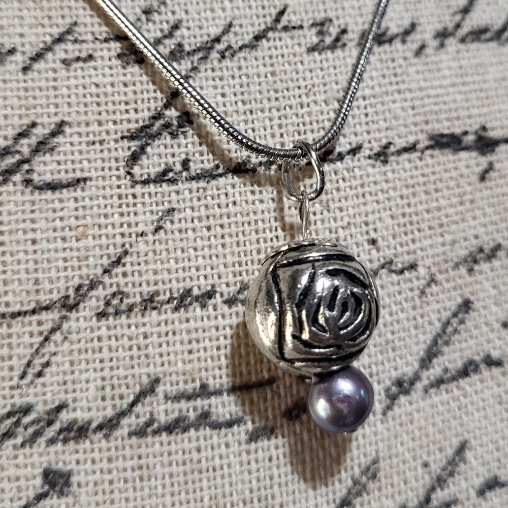 Silver Antique Cabbage Rose Bead Charm Necklace 18" Chain